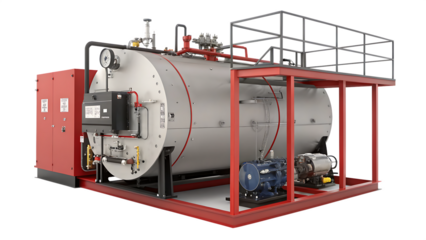 Industrial steam boiler with red frame cut out on PNG isolated. AI GENERATED.