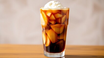 Root beer float with vanilla ice cream scoops floating, frothy top and classic soda glass