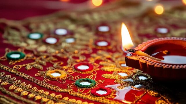 Closeup of a lit diya on a decorative fabric during Diwali.