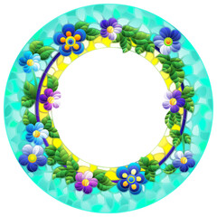 Illustration in the stained glass style with a frame with bright flowers on a blue background, round image
