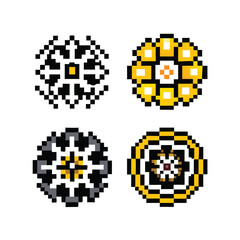 Mandala 8-Bit Pixel Art Pattern Set. Collection of 4 Retro Geometric Designs