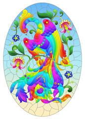Fototapeta premium An illustration in style of stained glass window with magical bright bird on a branch