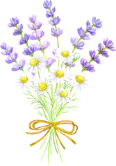 水彩で描いたラベンダーとカモミールのミニ花束