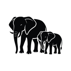 Fototapeta premium Black white silhouette elephants large and young
