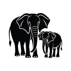 Fototapeta premium Black white silhouette elephants large and young