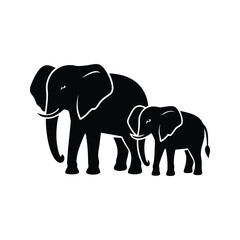 Black white silhouette elephants large and young
