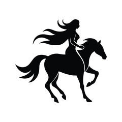 Black white silhouette woman riding galloping horse