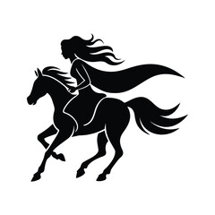 Black white silhouette woman riding galloping horse