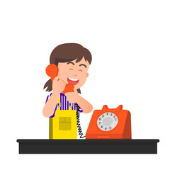 Cute little girl is using a retro phone