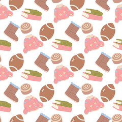 Fall Autumn Background Seamless Pattern with Cute Leaves Pumpkins and Harvest Elements for Seasonal Digital Paper and Textile Design