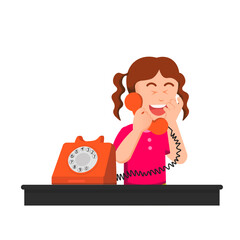 A little girl laughing while talking on a retro phone