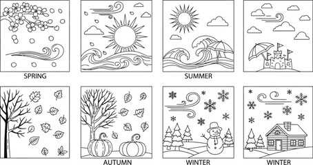 Line art illustration depicting the four seasons spring summer autumn and winter in separate panels