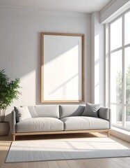 Fototapeta premium Blank picture frame mockup on white wall above gray sofa in bright living room with large window and plant