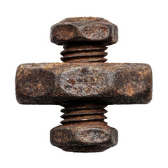 Close-up of two rusted bolts and nuts, crossed