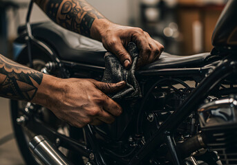Motorcycle seat cleaning closeup