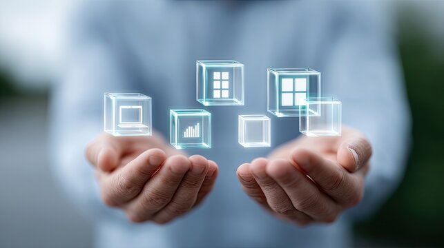 Person Presenting Glowing Neon Blue Hologram Icons in Hands