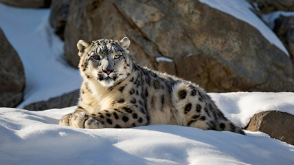 Fototapeta premium In a sunlit patch of rock, the Snow Leopard licks its thick fur clean after a cold night