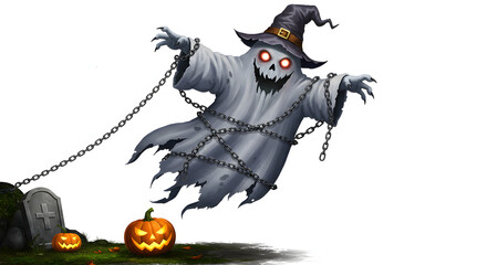 A spooky ghost in a witch hat with chains floats over jack-o'-lanterns and a gravestone.