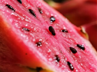 Close-up macro of dragon fruit flesh with vibrant pink skin and detailed black seeds, tropical exotic style. Generative AI.