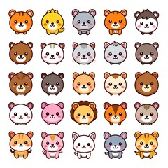 Cute animal faces in various colors