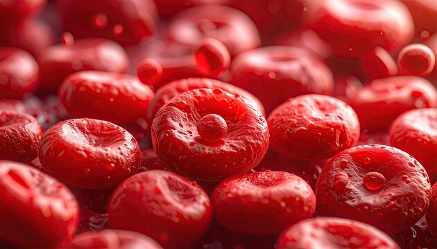 Close Up Rendering of Red Blood Cells with Textured Surfaces and Droplets in a Medical Visualization