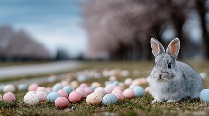 Pastel Easter Eggs and Gray Rabbit in Grassy Field Under Cloudy Sky