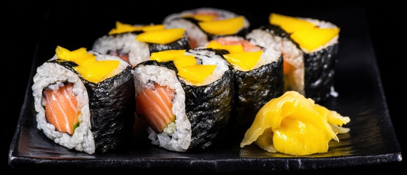 Delicious salmon sushi rolls topped with mango and served with ginger on a dark plate create an inviting presentation for diners.
