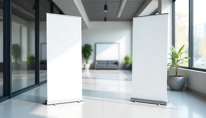 Modern Office Hall with Two Empty White Roll-Up Banner Stands for Business Presentations, mockup, Blank roll up banner stand in modern office, created with generative ai