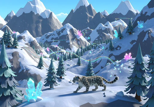 Snow leopard in snowy mountains fantasy landscape - Powered by Adobe