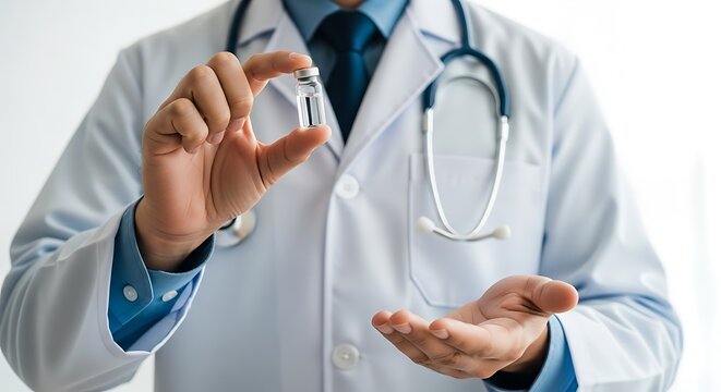 Doctor holding vial with open hand medicine syringe