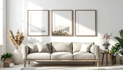 Three framed landscape art mockups above a beige sofa in a bright living room with plants and sunlight