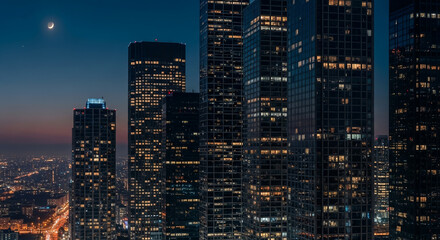 Illuminated Skyscrapers Shining Brightly in the Evening Sky
