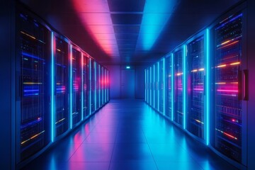 Advanced technology showcased in a lively nighttime data center.