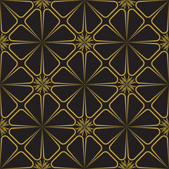 Symmetrical Golden Starburst Geometric Lattice on Black, Seamless Vector Pattern
