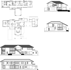 Architectural Drawing of 2-Storey Residential Building with Section, Furniture, and Layout Plan