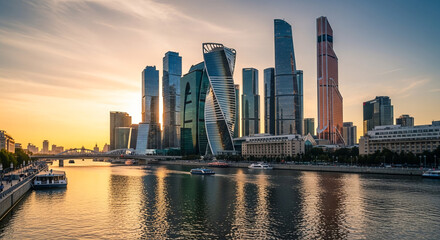 Fototapeta premium Modern Skyscrapers Shining Under Sunset Sky Beside Calm River Waters
