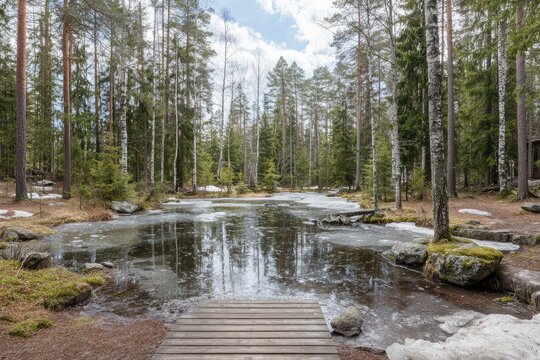 Spring forest pond with wooden walkway