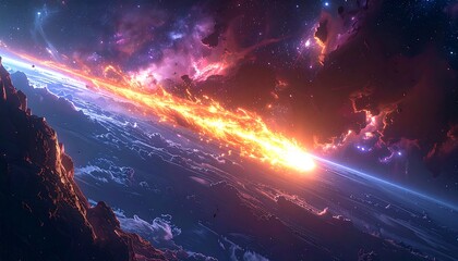 Fiery meteor streaks across a vibrant cosmos, illuminating clouds and rocky terrain