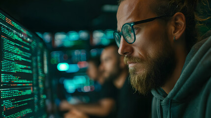 Dedicated IT specialist engages in advanced programming on green mock-up screen in modern data center control room surrounded by professional coding team
