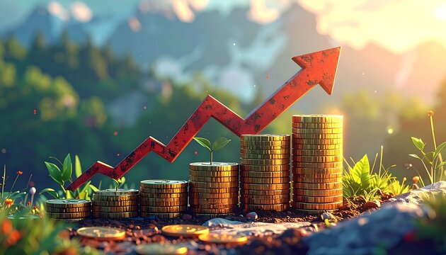 Golden coins stack growth with upward red arrow, nature background - Powered by Adobe