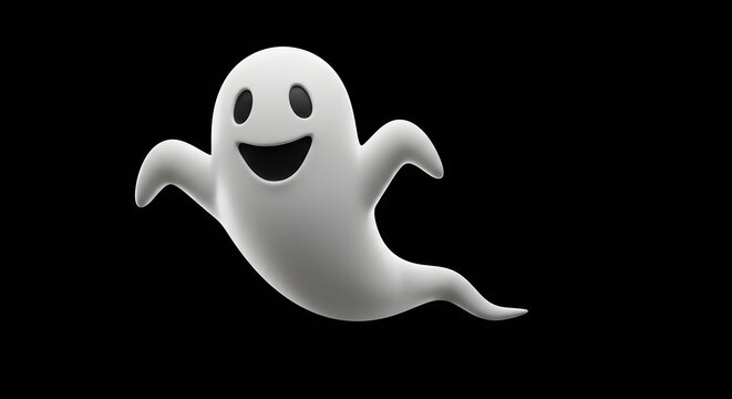 A friendly, smiling white ghost emoji floating playfully against a solid black background. - Powered by Adobe
