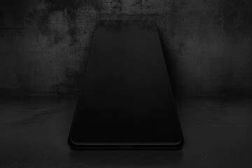 A sleek, modern black smartphone is positioned against a textured dark surface, emphasizing its minimalist design and high-tech appeal.