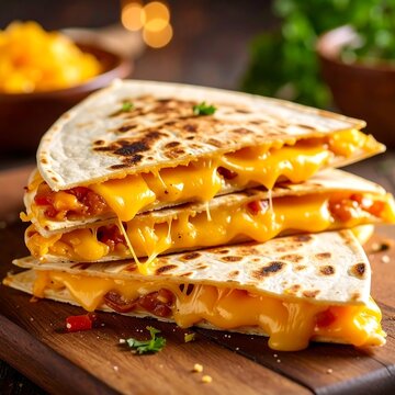 Melted cheese quesadillas on a wooden board