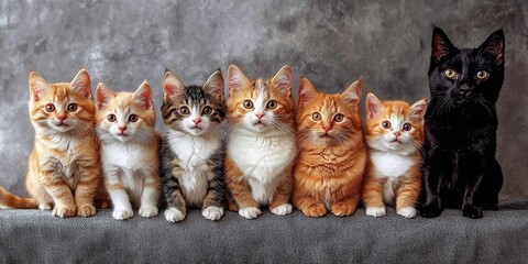 An adorable group of pets, including seven cats and a dog, enjoying each other's company.