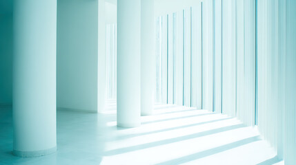 Obraz premium Modern minimalist interior in cool white and pale blue, where rhythmic white columns cast shifting shadows under soft side light, evoking calm, openness and refined architectural order