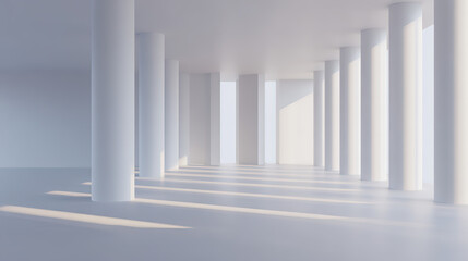 Modern minimalist interior in cool white and pale blue, where rhythmic white columns cast shifting shadows under soft side light, evoking calm, openness and refined architectural order
