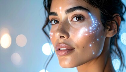 Close-up portrait of a woman with glowing facial patterns