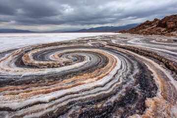 Spiral salt formations on a vast white salt flat under a stormy sky
