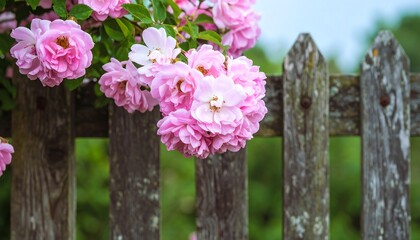 Pink roses on weathered fence