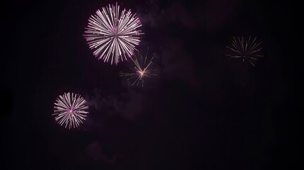 Fototapeta premium A beautiful, moody photograph showcases a night sky brimming with spectacular fireworks, rendered with gentle soft light, low contrast, diffused shadows, and subtle illumination
